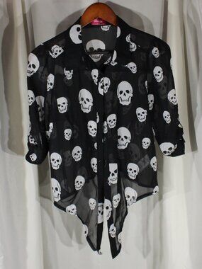 Shasa Sheer Black with Skulls Button Down mid-Sleeve top - Size M